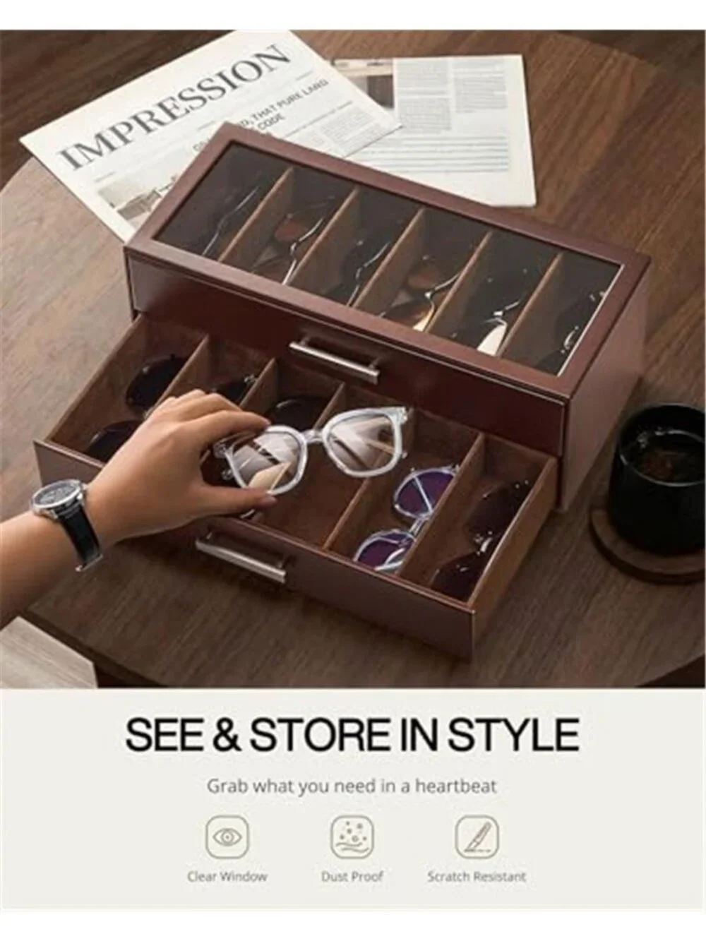 ProCase Sunglasses Organizer Box Clear Glass Lid PU Leather Eyeglass 12 Slots